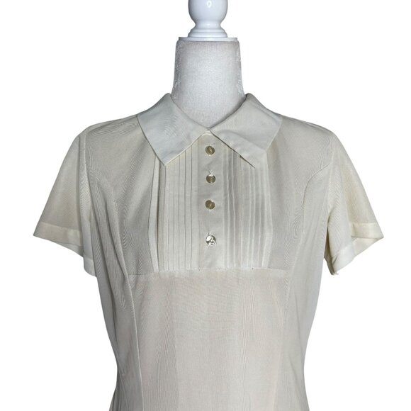 Vintage 70s Short Sleeve Shift Dress Small White Collar Pintuck Zipper Pockets - Picture 2 of 8